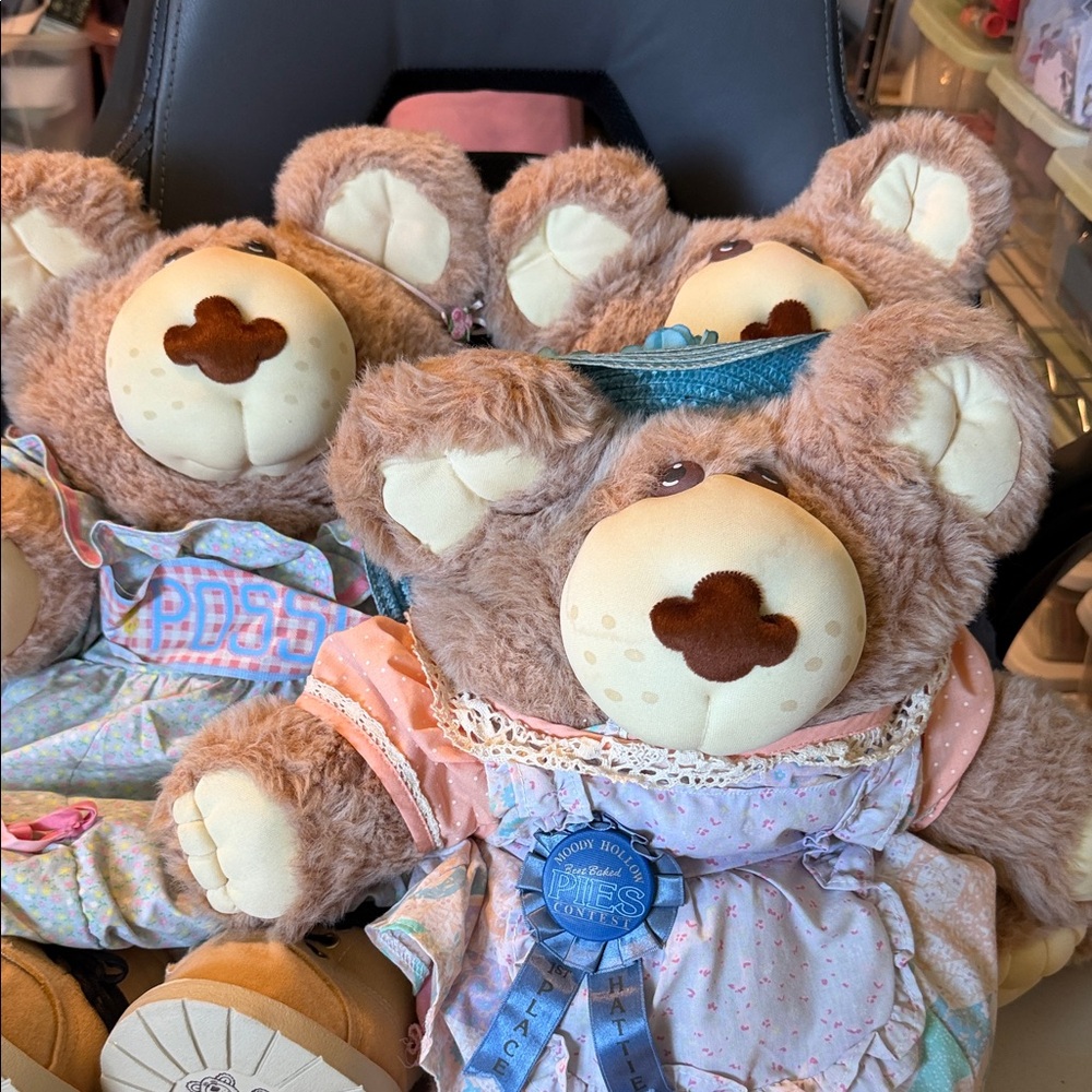 Set of Adorable Brown Plush Bears with Pastel Dresses vintage furskins